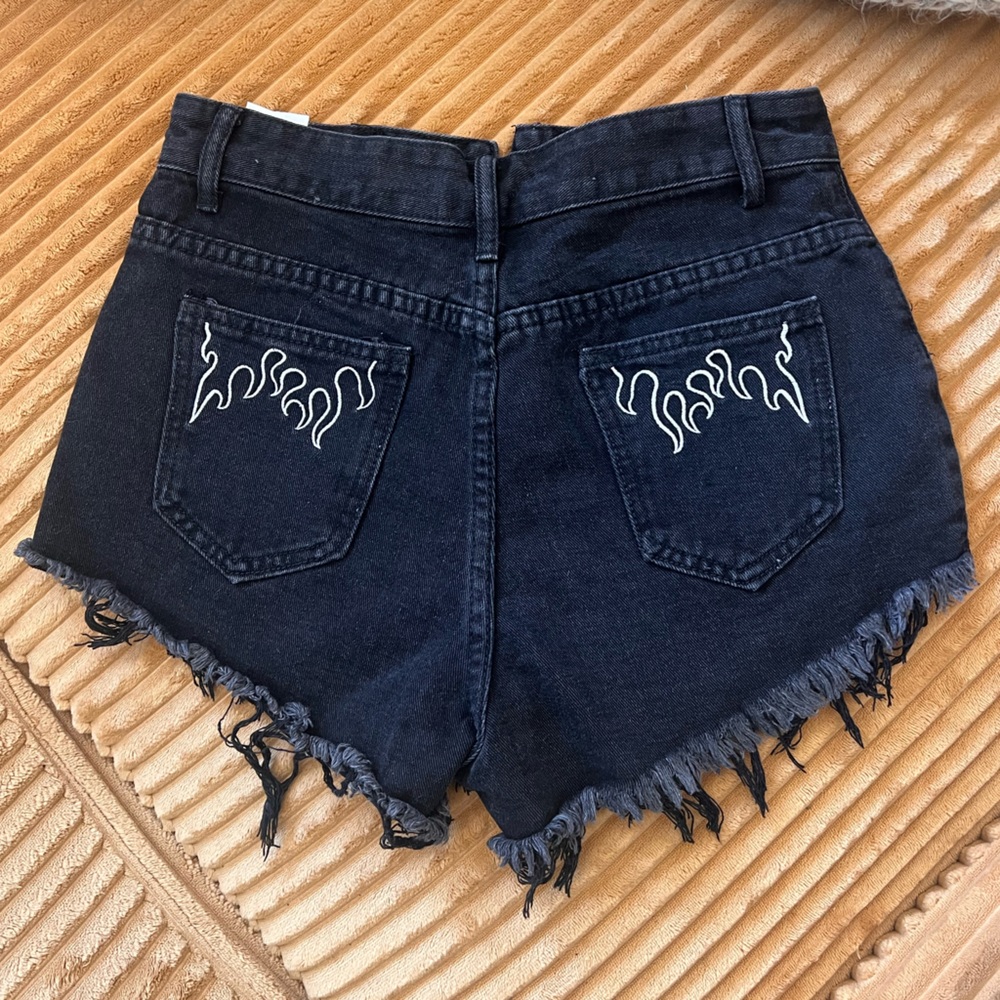 Black Denim Shorts with Flame Embroidery